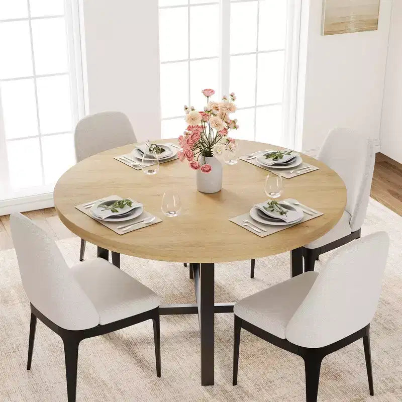 47 Round Industrial Dinner Table for 4 to 6, Circle Wooden Kitchen Table with Sturdy Metal Frame & Rustic Finish for Dining Room, Kitchen