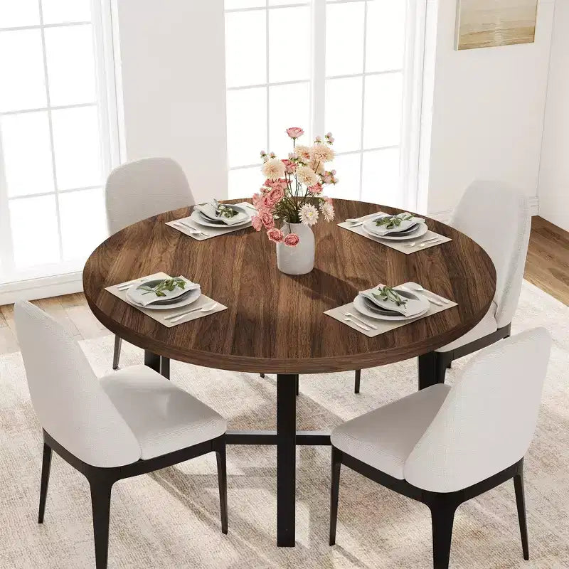 47 Round Industrial Dinner Table for 4 to 6, Circle Wooden Kitchen Table with Sturdy Metal Frame & Rustic Finish for Dining Room, Kitchen