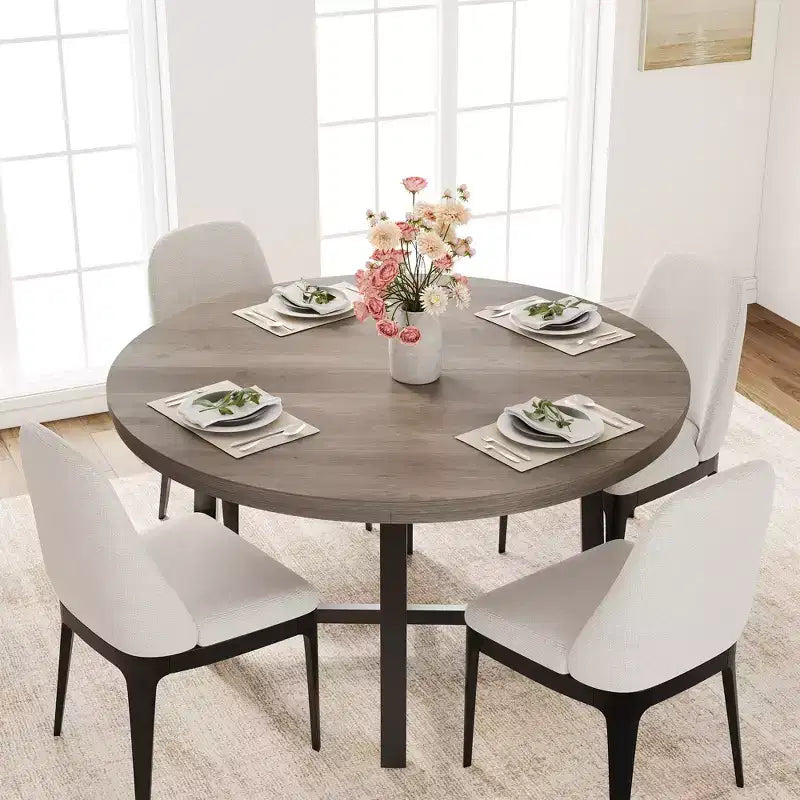 47 Round Industrial Dinner Table for 4 to 6, Circle Wooden Kitchen Table with Sturdy Metal Frame & Rustic Finish for Dining Room, Kitchen