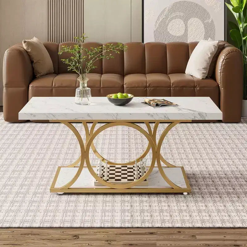 MAYEERTY 2-Tier Modern Coffee Table, White Faux Marble Top & Gold Metal Legs for Living Room