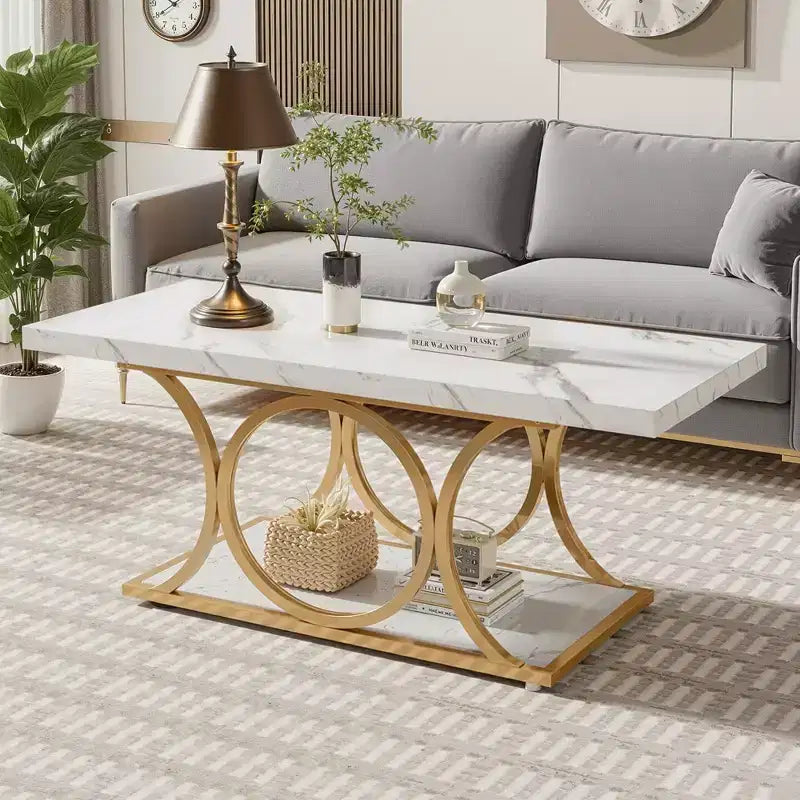 MAYEERTY 2-Tier Modern Coffee Table, White Faux Marble Top & Gold Metal Legs for Living Room