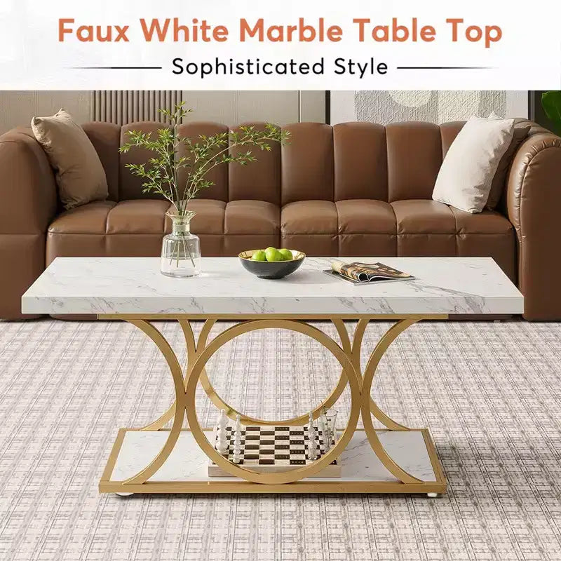 MAYEERTY 2-Tier Modern Coffee Table, White Faux Marble Top & Gold Metal Legs for Living Room