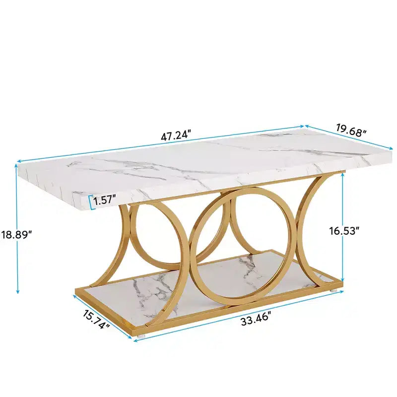 MAYEERTY 2-Tier Modern Coffee Table, White Faux Marble Top & Gold Metal Legs for Living Room