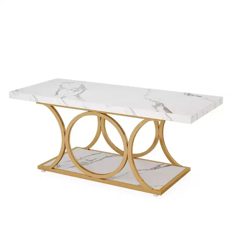 MAYEERTY 2-Tier Modern Coffee Table, White Faux Marble Top & Gold Metal Legs for Living Room
