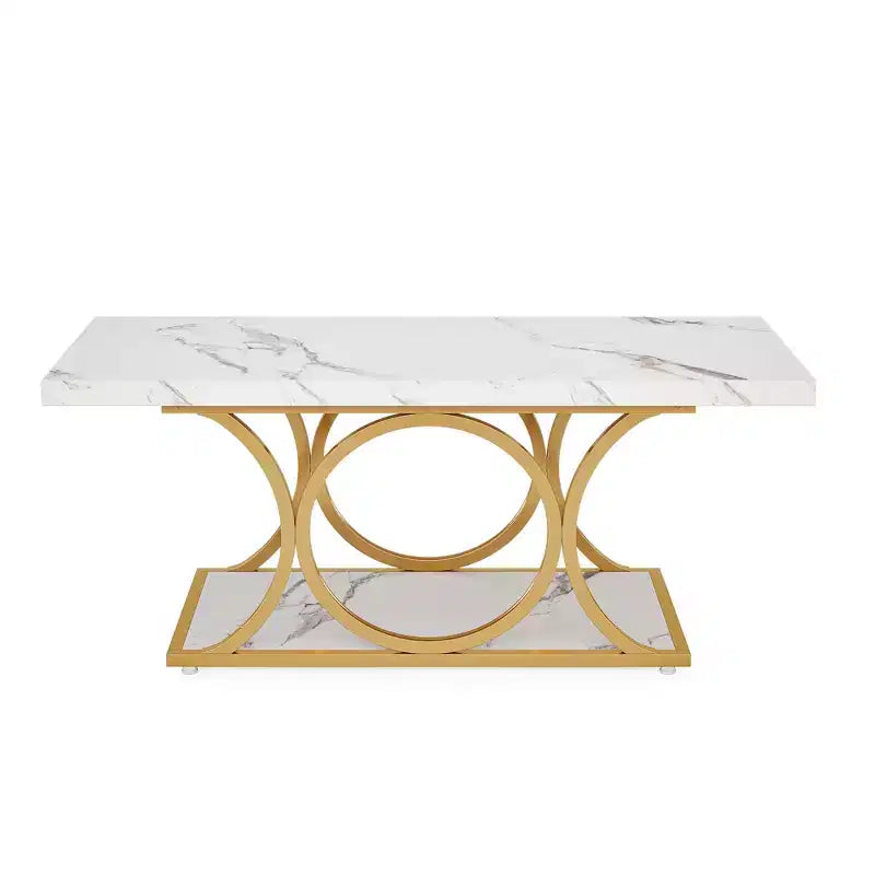 MAYEERTY 2-Tier Modern Coffee Table, White Faux Marble Top & Gold Metal Legs for Living Room