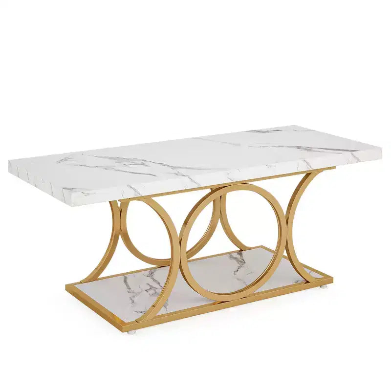 MAYEERTY 2-Tier Modern Coffee Table, White Faux Marble Top & Gold Metal Legs for Living Room