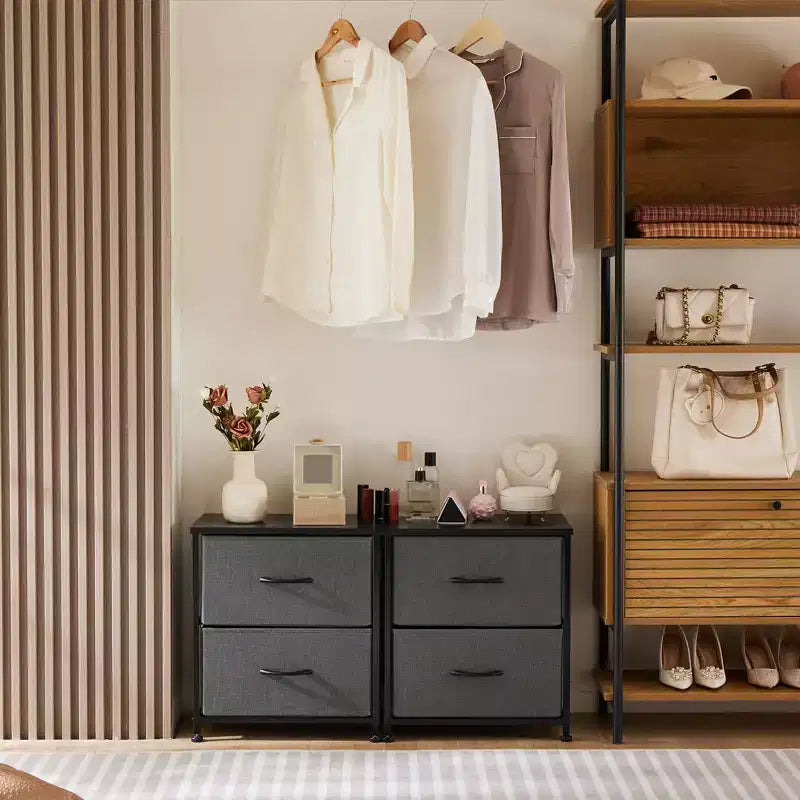 2 Drawer Dresser Storage Cabinet with Metal Frame and Wood Top  Fabric Drawers Chest for Bedroom, Closet, or Living Room