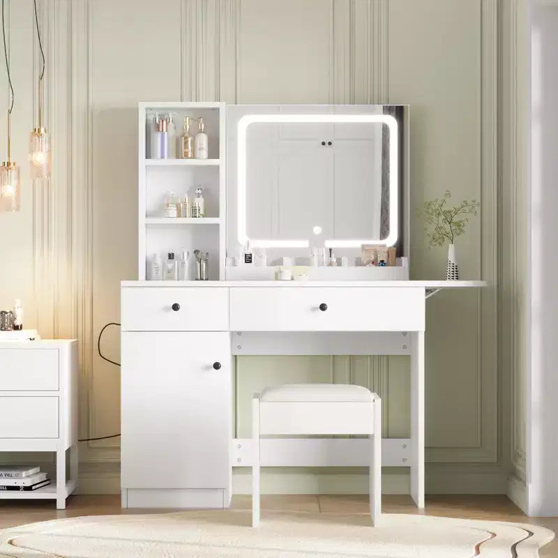 GustoWave Modern LED Vanity Set - Faux Leather Seat & Eco-Friendly Particle Board, 3 Light Modes Makeup Mirror - Dressing Table with Drawers & Shelves