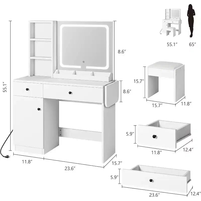 GustoWave Modern LED Vanity Set - Faux Leather Seat & Eco-Friendly Particle Board, 3 Light Modes Makeup Mirror - Dressing Table with Drawers & Shelves