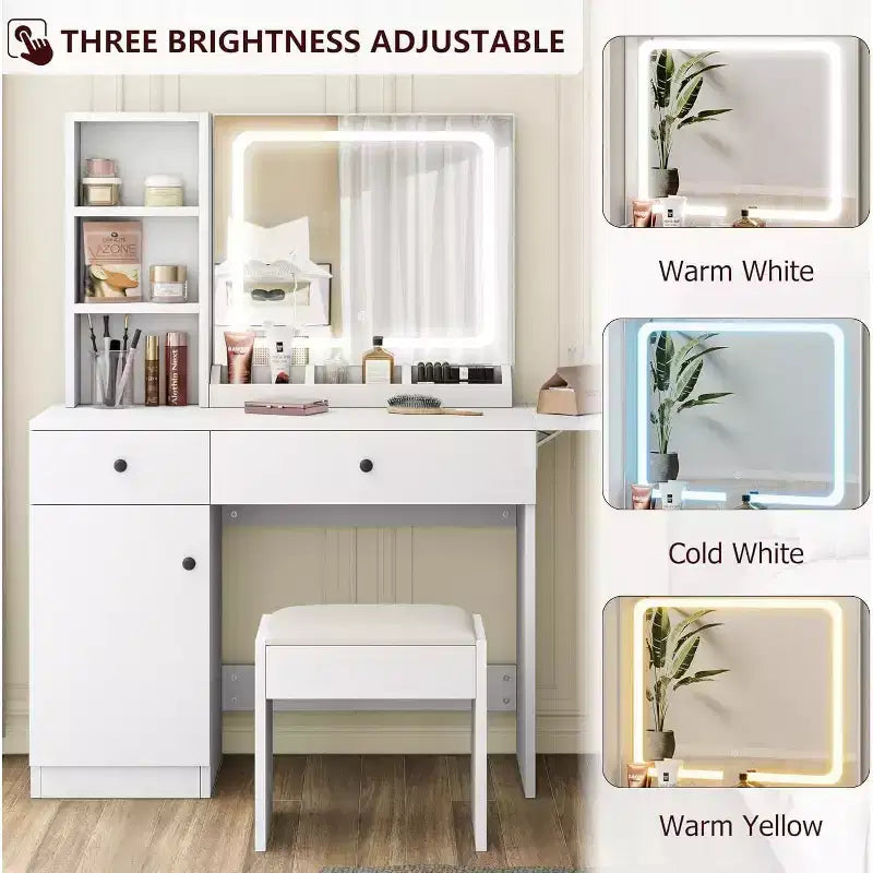 GustoWave Modern LED Vanity Set - Faux Leather Seat & Eco-Friendly Particle Board, 3 Light Modes Makeup Mirror - Dressing Table with Drawers & Shelves