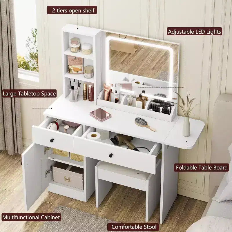 GustoWave Modern LED Vanity Set - Faux Leather Seat & Eco-Friendly Particle Board, 3 Light Modes Makeup Mirror - Dressing Table with Drawers & Shelves