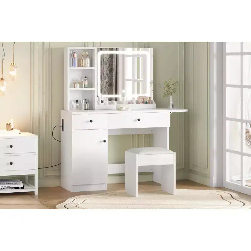 GustoWave Modern LED Vanity Set - Faux Leather Seat & Eco-Friendly Particle Board, 3 Light Modes Makeup Mirror - Dressing Table with Drawers & Shelves