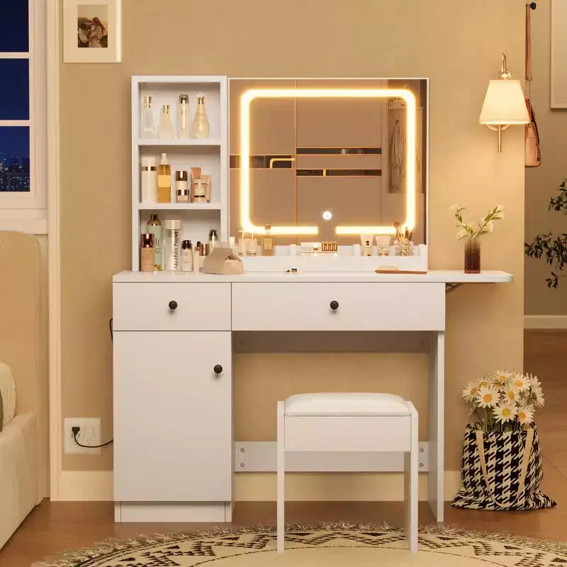 GustoWave Modern LED Vanity Set - Faux Leather Seat & Eco-Friendly Particle Board, 3 Light Modes Makeup Mirror - Dressing Table with Drawers & Shelves