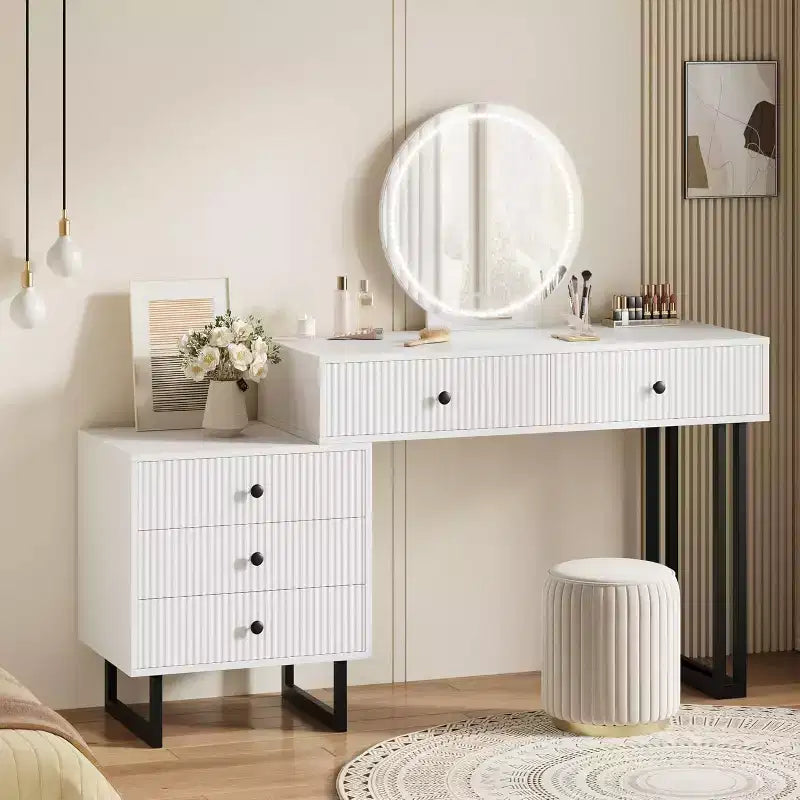 Vanity Desk with Mirror, Makeup Vanity with 5 Drawers, 3 Color LightsAdjustable Brightness