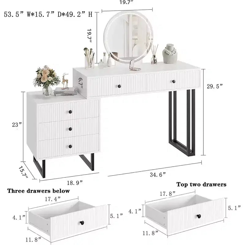 Vanity Desk with Mirror, Makeup Vanity with 5 Drawers, 3 Color LightsAdjustable Brightness