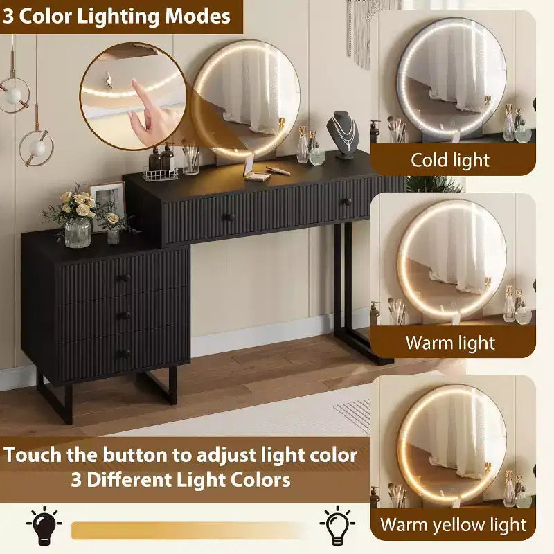 Vanity Desk with Mirror, Makeup Vanity with 5 Drawers, 3 Color LightsAdjustable Brightness