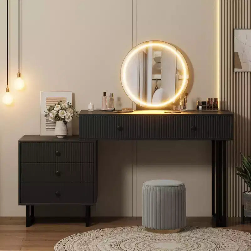 Vanity Desk with Mirror, Makeup Vanity with 5 Drawers, 3 Color LightsAdjustable Brightness