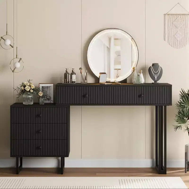 Vanity Desk with Mirror, Makeup Vanity with 5 Drawers, 3 Color LightsAdjustable Brightness