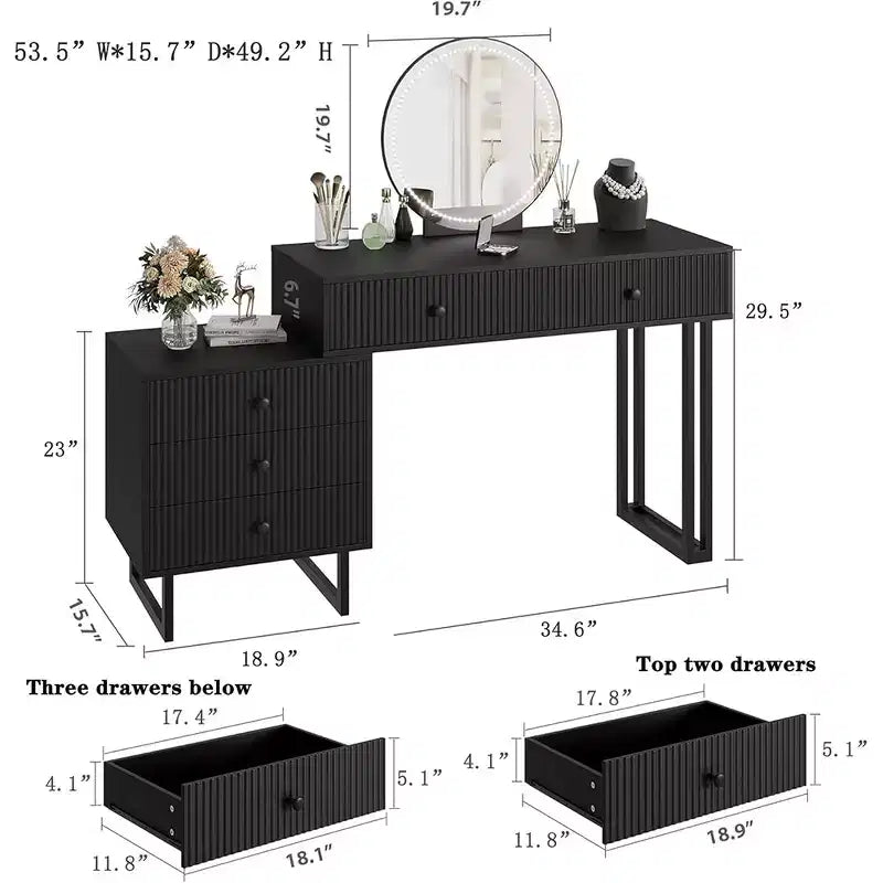 Vanity Desk with Mirror, Makeup Vanity with 5 Drawers, 3 Color LightsAdjustable Brightness
