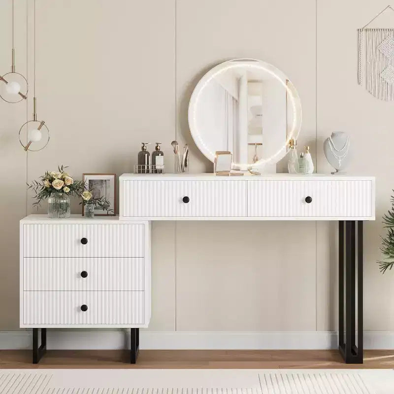 Vanity Desk with Mirror, Makeup Vanity with 5 Drawers, 3 Color LightsAdjustable Brightness