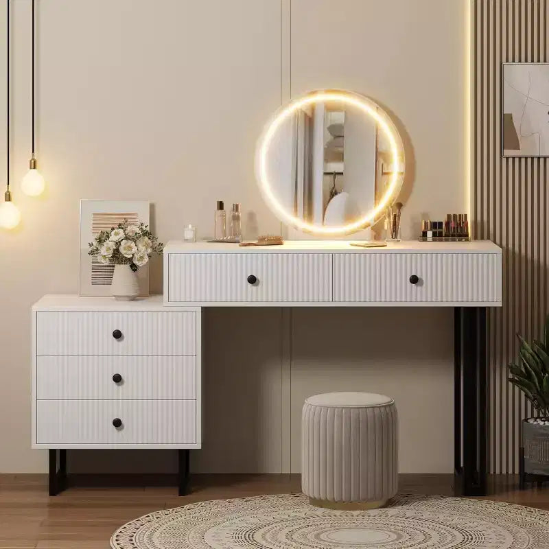 Vanity Desk with Mirror, Makeup Vanity with 5 Drawers, 3 Color LightsAdjustable Brightness