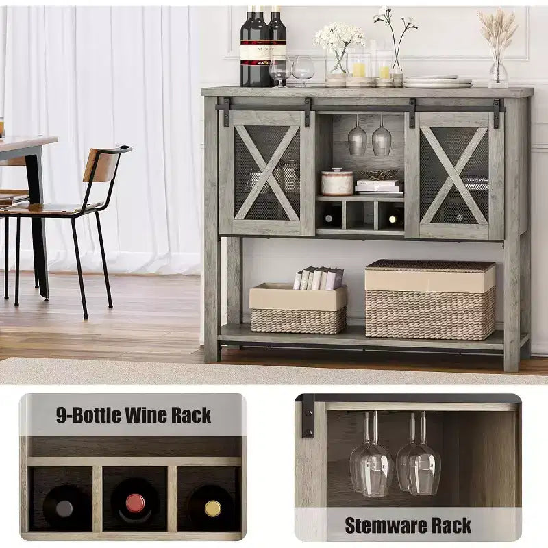 Wine Bar Cabinet with Sliding Barn Door, Coffee Cabinet with Wine Rack and Glass Holder, Kitchen Buffet Sideboard with Storage, Liquor Bar