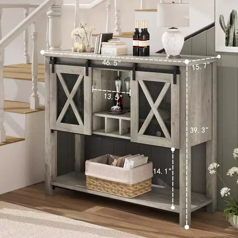 Wine Bar Cabinet with Sliding Barn Door, Coffee Cabinet with Wine Rack and Glass Holder, Kitchen Buffet Sideboard with Storage, Liquor Bar