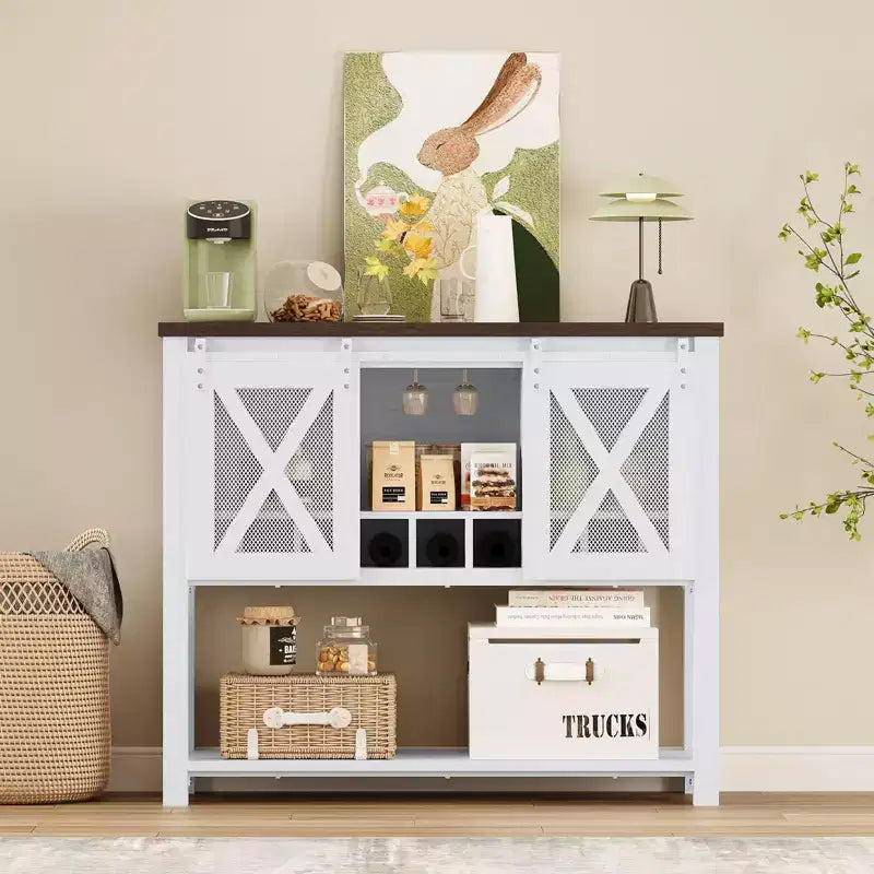 Wine Bar Cabinet with Sliding Barn Door, Coffee Cabinet with Wine Rack and Glass Holder, Kitchen Buffet Sideboard with Storage, Liquor Bar