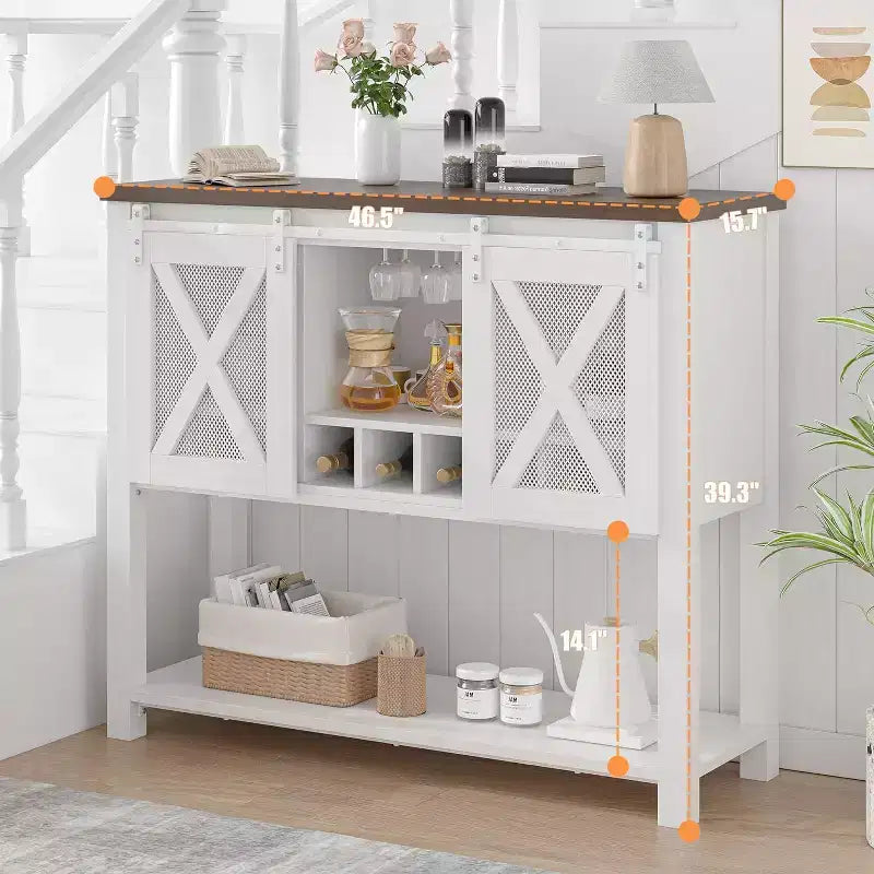 Wine Bar Cabinet with Sliding Barn Door, Coffee Cabinet with Wine Rack and Glass Holder, Kitchen Buffet Sideboard with Storage, Liquor Bar