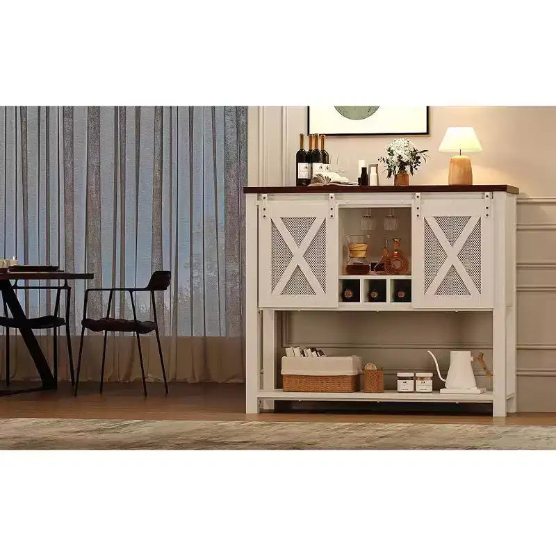 Wine Bar Cabinet with Sliding Barn Door, Coffee Cabinet with Wine Rack and Glass Holder, Kitchen Buffet Sideboard with Storage, Liquor Bar