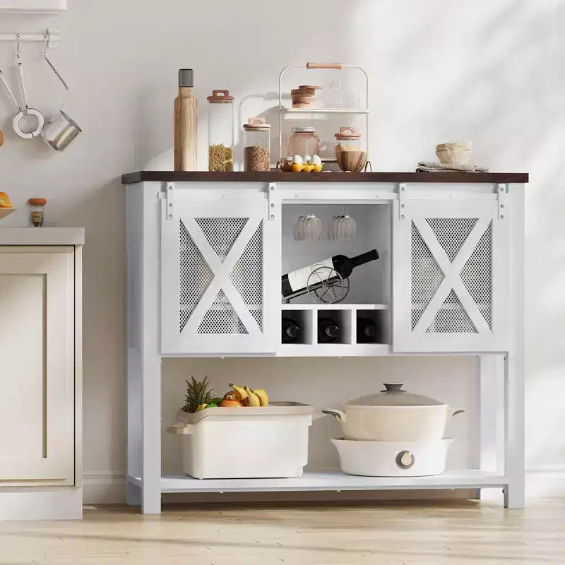 Wine Bar Cabinet with Sliding Barn Door, Coffee Cabinet with Wine Rack and Glass Holder, Kitchen Buffet Sideboard with Storage, Liquor Bar