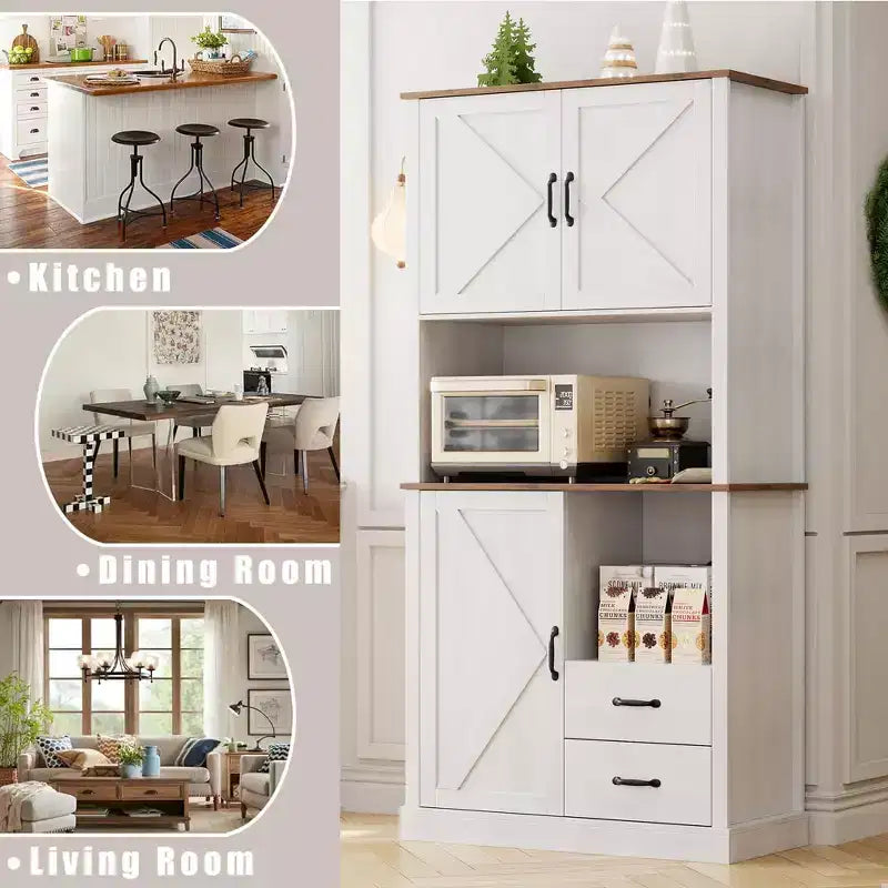 Pantry Cabinet with 2 Drawers and Open Shelves, Tall Freestanding Kitchen Pantry Cabinet with Microwave Shelf, Kitchen Hutch
