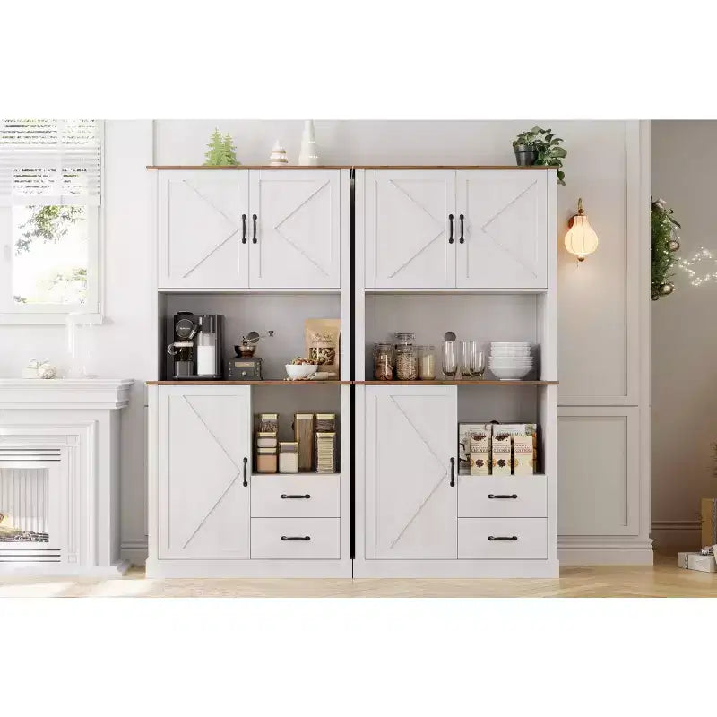 Pantry Cabinet with 2 Drawers and Open Shelves, Tall Freestanding Kitchen Pantry Cabinet with Microwave Shelf, Kitchen Hutch