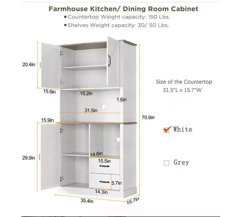 Pantry Cabinet with 2 Drawers and Open Shelves, Tall Freestanding Kitchen Pantry Cabinet with Microwave Shelf, Kitchen Hutch
