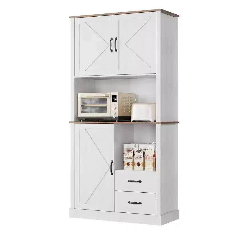 Pantry Cabinet with 2 Drawers and Open Shelves, Tall Freestanding Kitchen Pantry Cabinet with Microwave Shelf, Kitchen Hutch