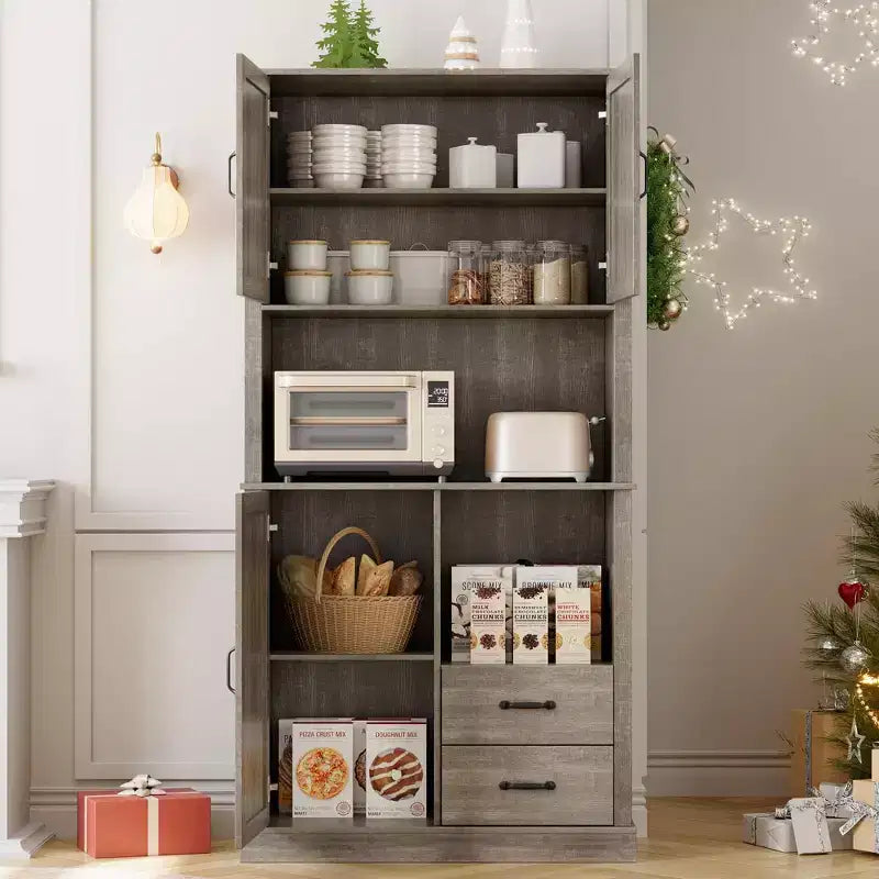 Pantry Cabinet with 2 Drawers and Open Shelves, Tall Freestanding Kitchen Pantry Cabinet with Microwave Shelf, Kitchen Hutch
