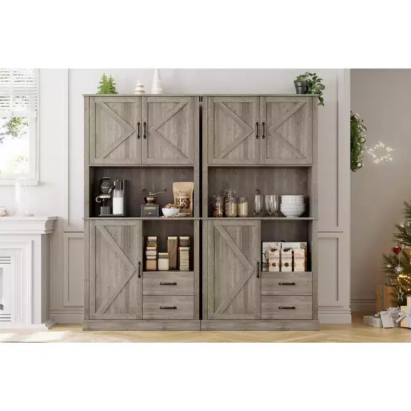Pantry Cabinet with 2 Drawers and Open Shelves, Tall Freestanding Kitchen Pantry Cabinet with Microwave Shelf, Kitchen Hutch