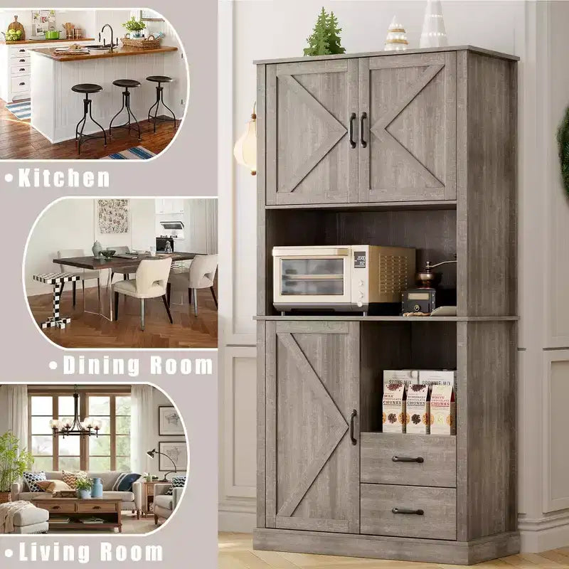 Pantry Cabinet with 2 Drawers and Open Shelves, Tall Freestanding Kitchen Pantry Cabinet with Microwave Shelf, Kitchen Hutch