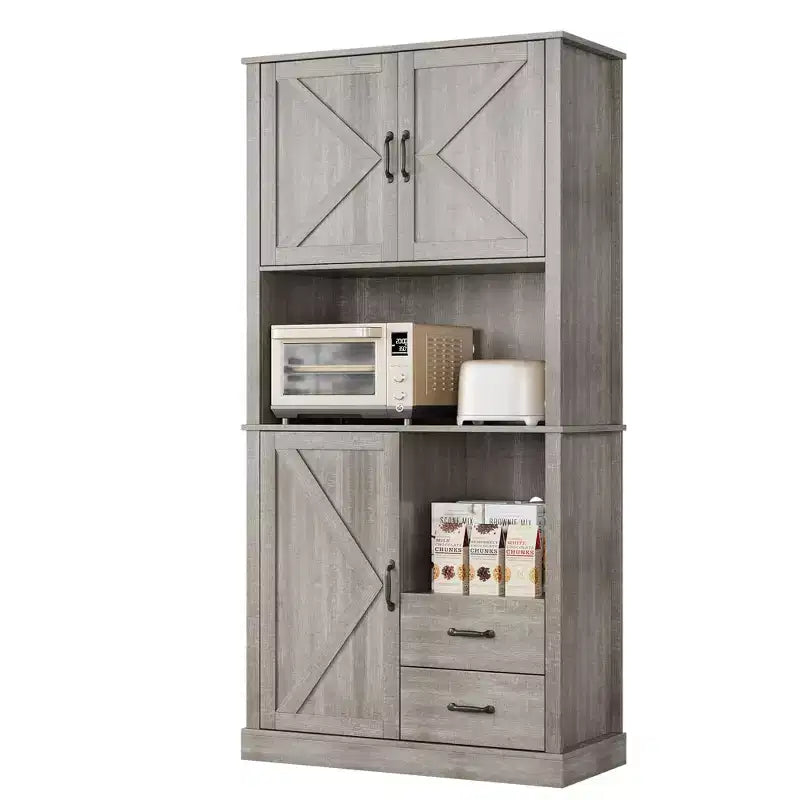 Pantry Cabinet with 2 Drawers and Open Shelves, Tall Freestanding Kitchen Pantry Cabinet with Microwave Shelf, Kitchen Hutch