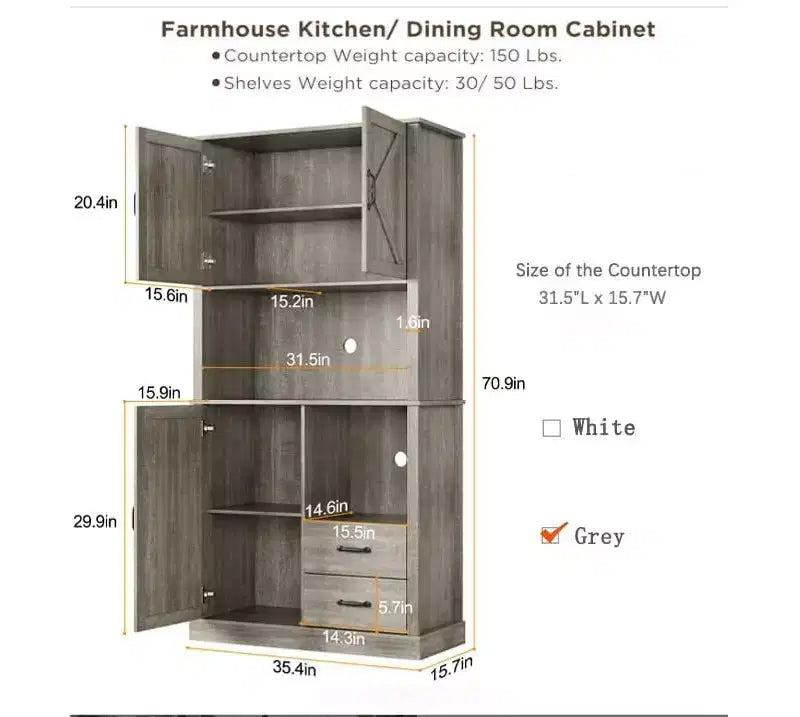 Pantry Cabinet with 2 Drawers and Open Shelves, Tall Freestanding Kitchen Pantry Cabinet with Microwave Shelf, Kitchen Hutch