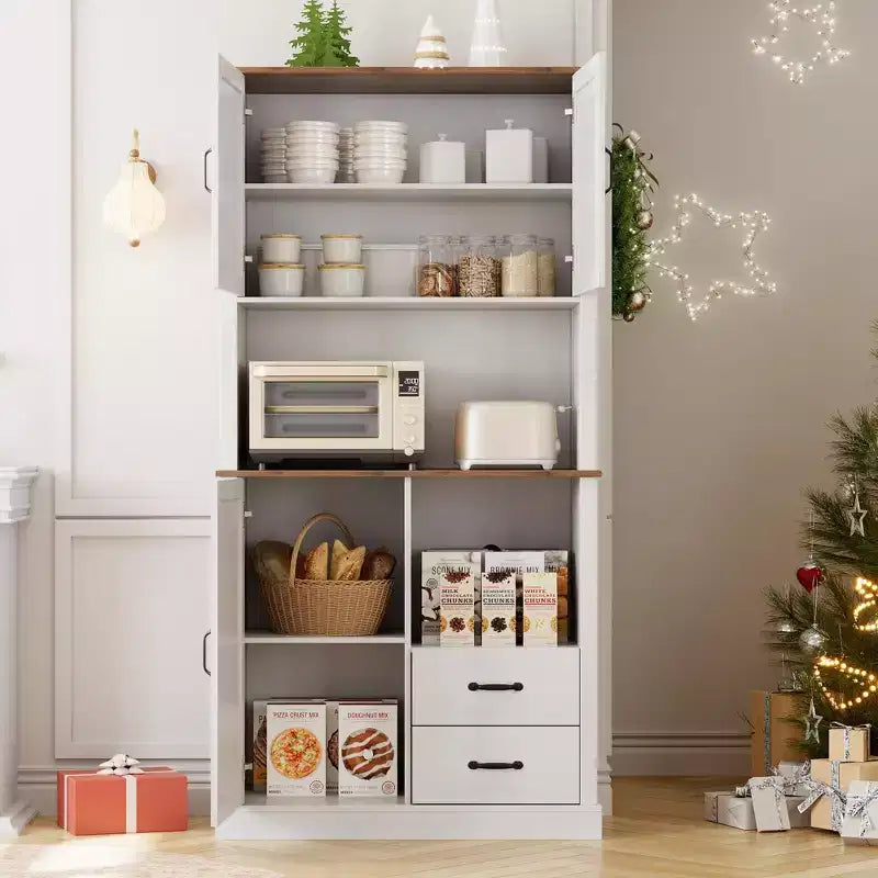 Pantry Cabinet with 2 Drawers and Open Shelves, Tall Freestanding Kitchen Pantry Cabinet with Microwave Shelf, Kitchen Hutch