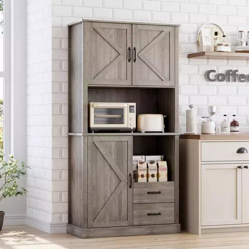 Pantry Cabinet with 2 Drawers and Open Shelves, Tall Freestanding Kitchen Pantry Cabinet with Microwave Shelf, Kitchen Hutch