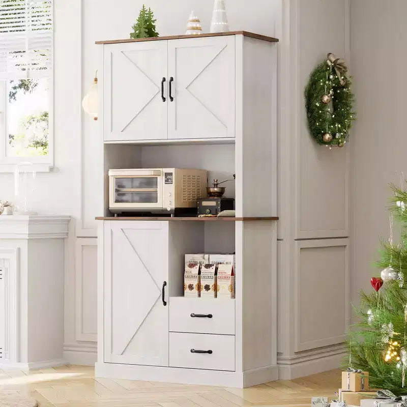 Pantry Cabinet with 2 Drawers and Open Shelves, Tall Freestanding Kitchen Pantry Cabinet with Microwave Shelf, Kitchen Hutch