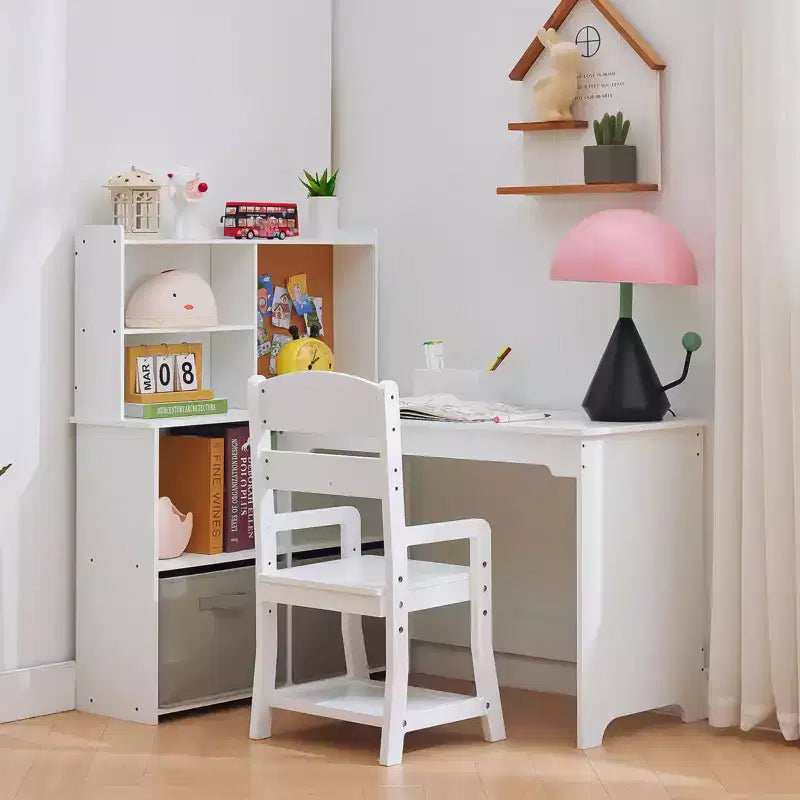 Kids Corner Desk, Desk and Chair Set for Children, L Shape Kids Study Table - Features Bulletin Board Open Shelves & Storage Cabinets