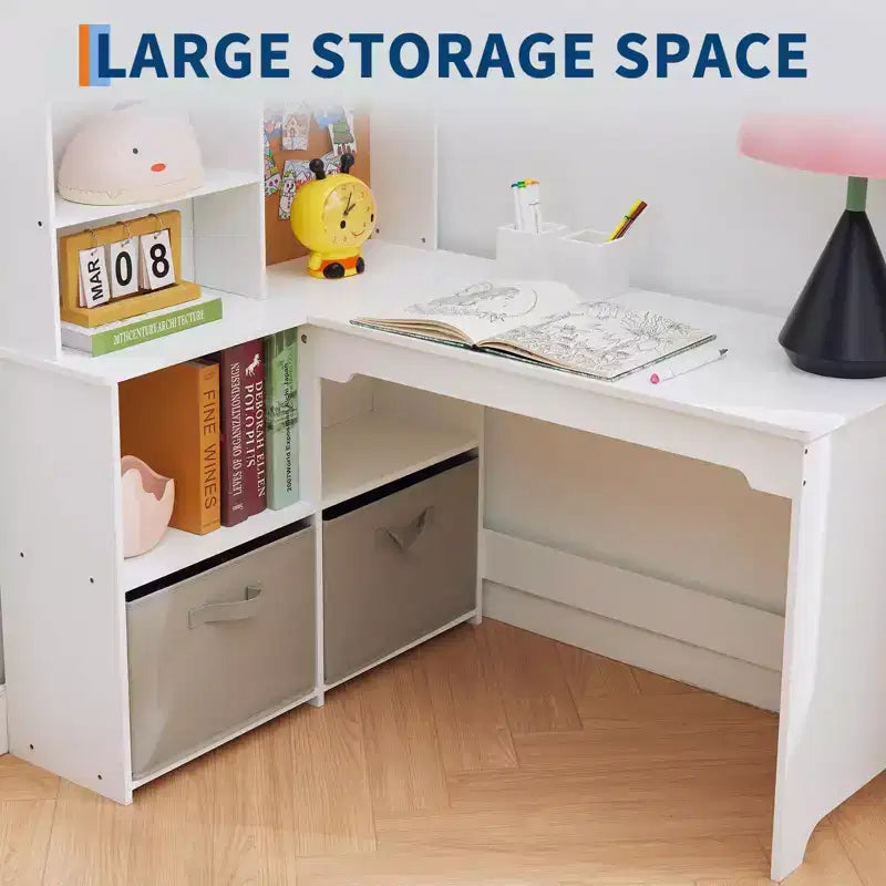 Kids Corner Desk, Desk and Chair Set for Children, L Shape Kids Study Table - Features Bulletin Board Open Shelves & Storage Cabinets