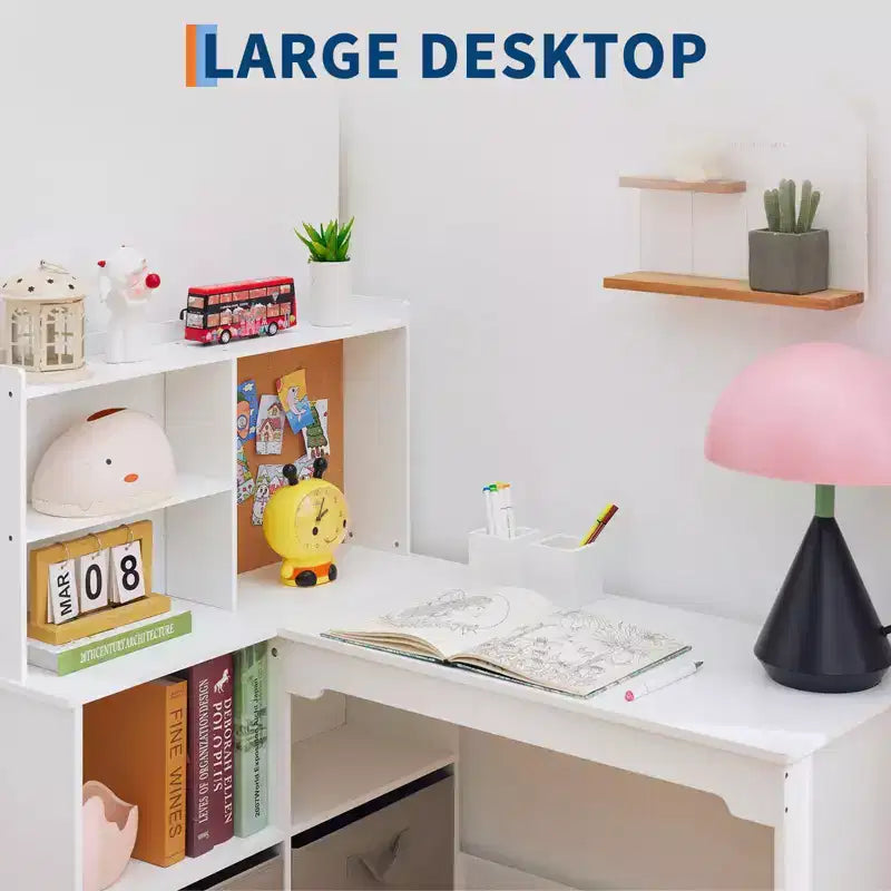 Kids Corner Desk, Desk and Chair Set for Children, L Shape Kids Study Table - Features Bulletin Board Open Shelves & Storage Cabinets