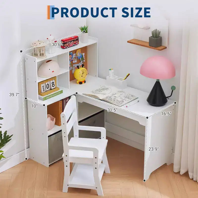 Kids Corner Desk, Desk and Chair Set for Children, L Shape Kids Study Table - Features Bulletin Board Open Shelves & Storage Cabinets