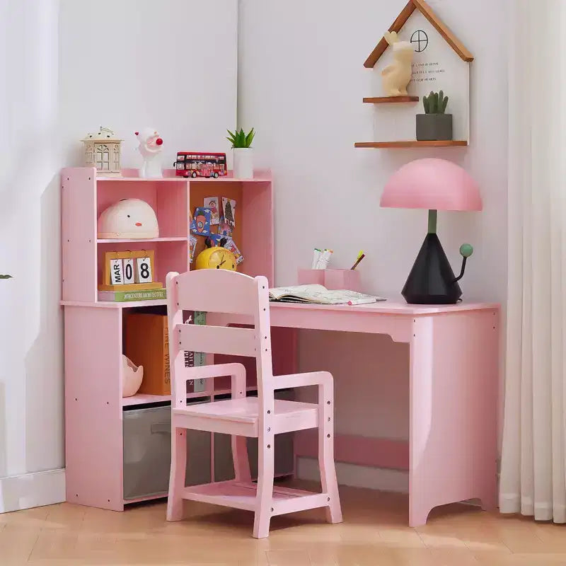 Kids Corner Desk, Desk and Chair Set for Children, L Shape Kids Study Table - Features Bulletin Board Open Shelves & Storage Cabinets