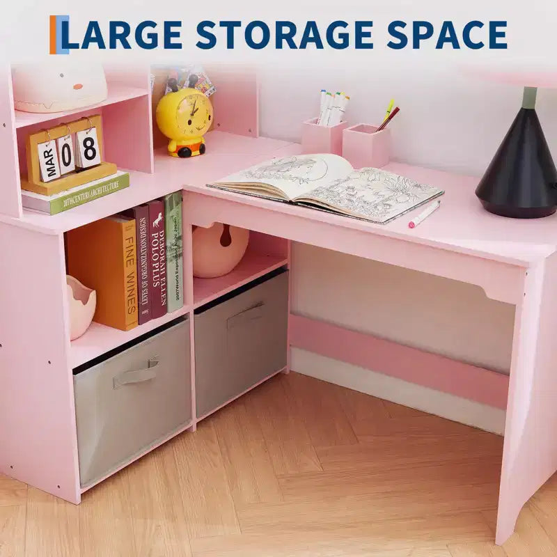 Kids Corner Desk, Desk and Chair Set for Children, L Shape Kids Study Table - Features Bulletin Board Open Shelves & Storage Cabinets
