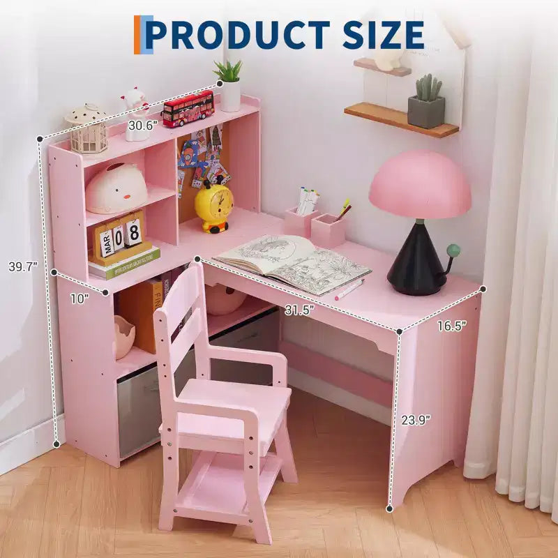 Kids Corner Desk, Desk and Chair Set for Children, L Shape Kids Study Table - Features Bulletin Board Open Shelves & Storage Cabinets